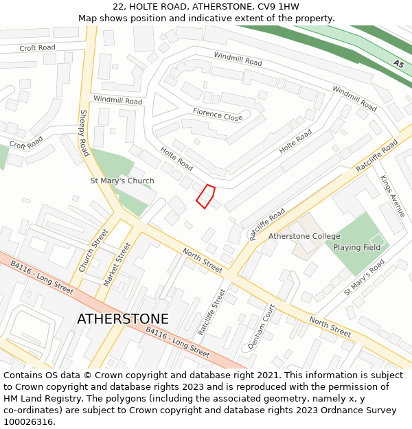 22, HOLTE ROAD, ATHERSTONE, CV9 1HW: Location map and indicative extent of plot