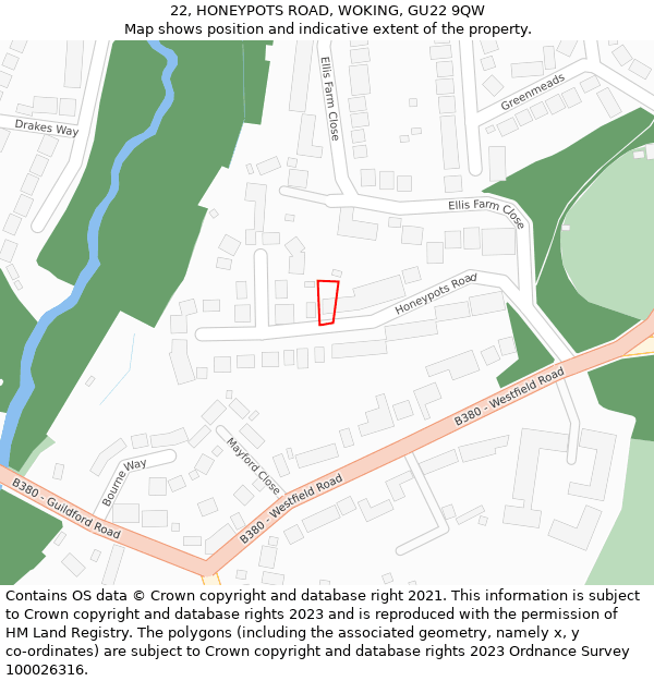22, HONEYPOTS ROAD, WOKING, GU22 9QW: Location map and indicative extent of plot