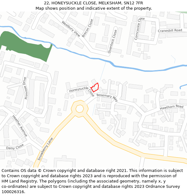 22, HONEYSUCKLE CLOSE, MELKSHAM, SN12 7FR: Location map and indicative extent of plot