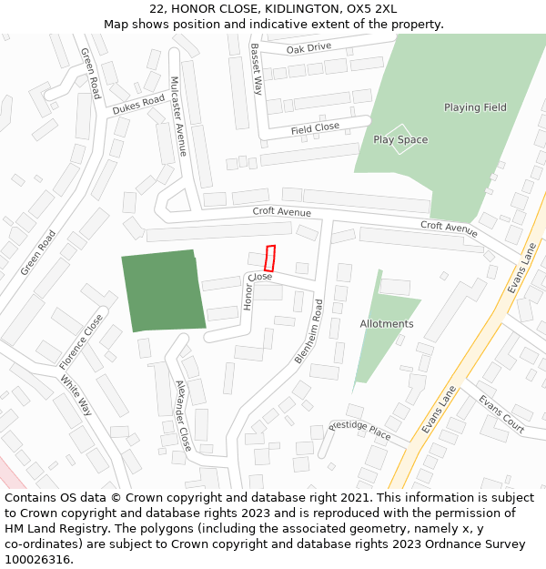 22, HONOR CLOSE, KIDLINGTON, OX5 2XL: Location map and indicative extent of plot