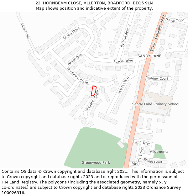 22, HORNBEAM CLOSE, ALLERTON, BRADFORD, BD15 9LN: Location map and indicative extent of plot