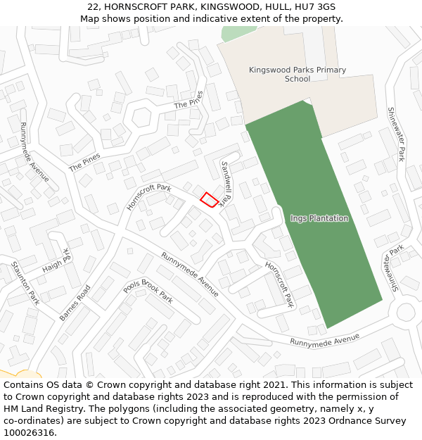 22, HORNSCROFT PARK, KINGSWOOD, HULL, HU7 3GS: Location map and indicative extent of plot