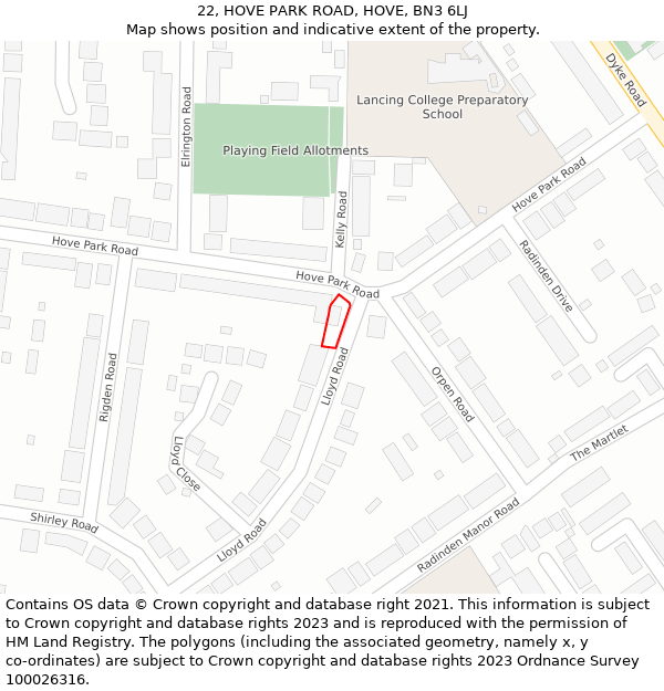 22, HOVE PARK ROAD, HOVE, BN3 6LJ: Location map and indicative extent of plot