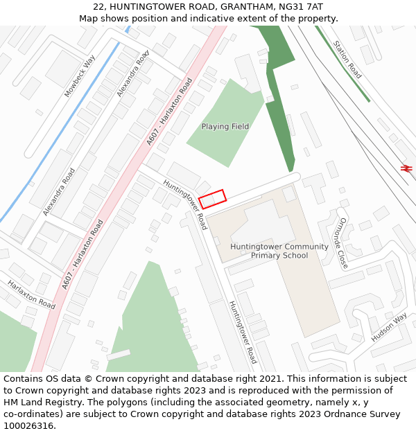 22, HUNTINGTOWER ROAD, GRANTHAM, NG31 7AT: Location map and indicative extent of plot