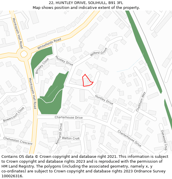 22, HUNTLEY DRIVE, SOLIHULL, B91 3FL: Location map and indicative extent of plot