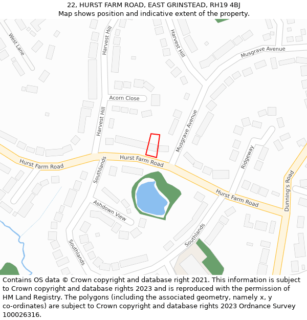 22, HURST FARM ROAD, EAST GRINSTEAD, RH19 4BJ: Location map and indicative extent of plot