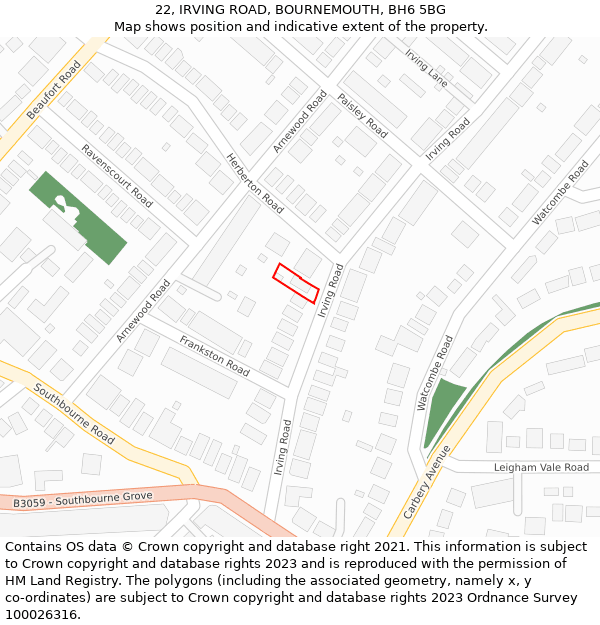 22, IRVING ROAD, BOURNEMOUTH, BH6 5BG: Location map and indicative extent of plot