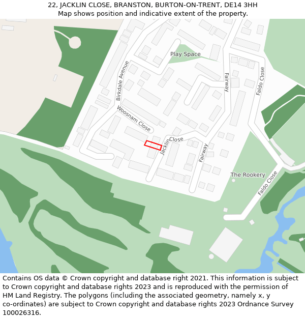 22, JACKLIN CLOSE, BRANSTON, BURTON-ON-TRENT, DE14 3HH: Location map and indicative extent of plot