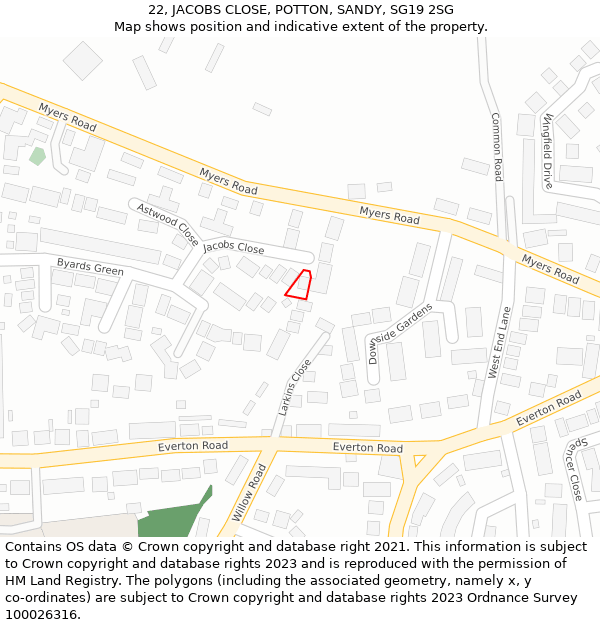 22, JACOBS CLOSE, POTTON, SANDY, SG19 2SG: Location map and indicative extent of plot