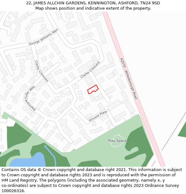 22, JAMES ALLCHIN GARDENS, KENNINGTON, ASHFORD, TN24 9SD: Location map and indicative extent of plot