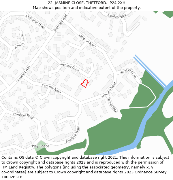 22, JASMINE CLOSE, THETFORD, IP24 2XH: Location map and indicative extent of plot