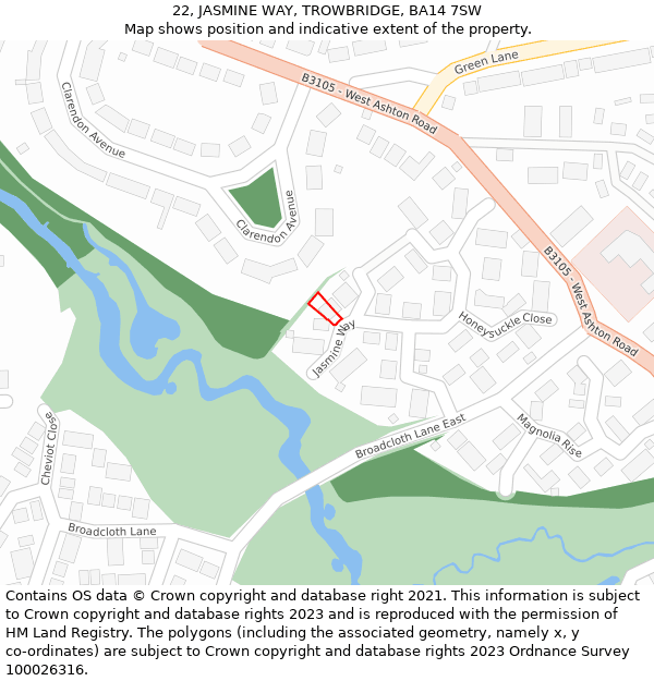 22, JASMINE WAY, TROWBRIDGE, BA14 7SW: Location map and indicative extent of plot