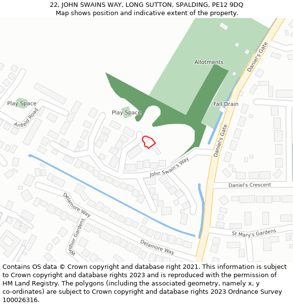 22, JOHN SWAINS WAY, LONG SUTTON, SPALDING, PE12 9DQ: Location map and indicative extent of plot