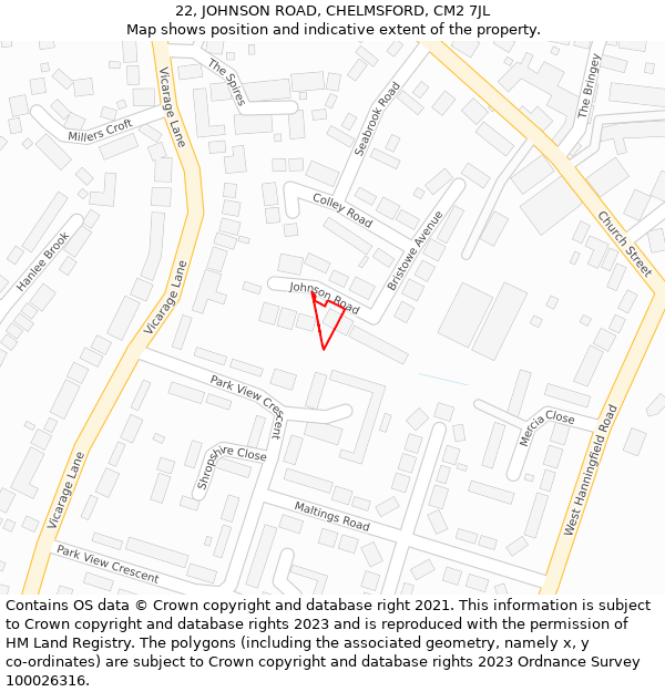 22, JOHNSON ROAD, CHELMSFORD, CM2 7JL: Location map and indicative extent of plot