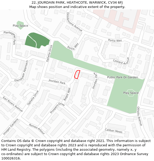 22, JOURDAIN PARK, HEATHCOTE, WARWICK, CV34 6FJ: Location map and indicative extent of plot