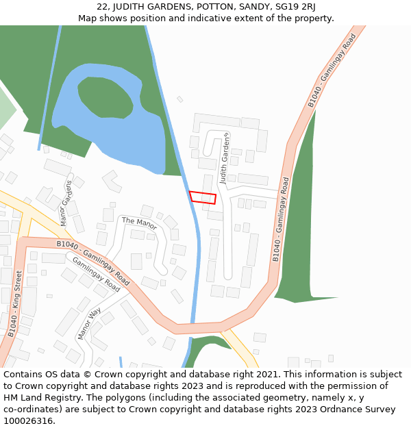 22, JUDITH GARDENS, POTTON, SANDY, SG19 2RJ: Location map and indicative extent of plot