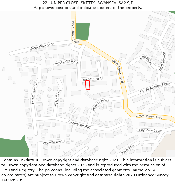 22, JUNIPER CLOSE, SKETTY, SWANSEA, SA2 9JF: Location map and indicative extent of plot