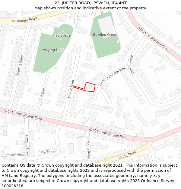 22, JUPITER ROAD, IPSWICH, IP4 4NT: Location map and indicative extent of plot