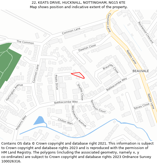 22, KEATS DRIVE, HUCKNALL, NOTTINGHAM, NG15 6TE: Location map and indicative extent of plot