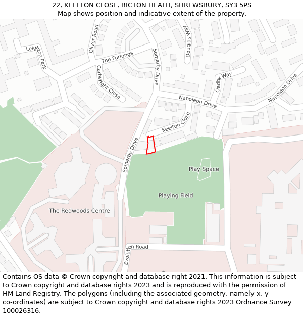 22, KEELTON CLOSE, BICTON HEATH, SHREWSBURY, SY3 5PS: Location map and indicative extent of plot