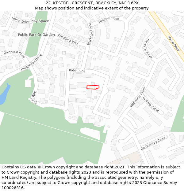 22, KESTREL CRESCENT, BRACKLEY, NN13 6PX: Location map and indicative extent of plot