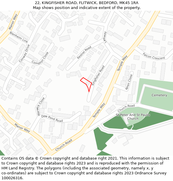 22, KINGFISHER ROAD, FLITWICK, BEDFORD, MK45 1RA: Location map and indicative extent of plot
