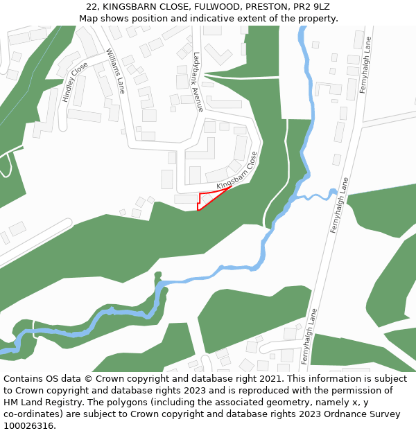 22, KINGSBARN CLOSE, FULWOOD, PRESTON, PR2 9LZ: Location map and indicative extent of plot