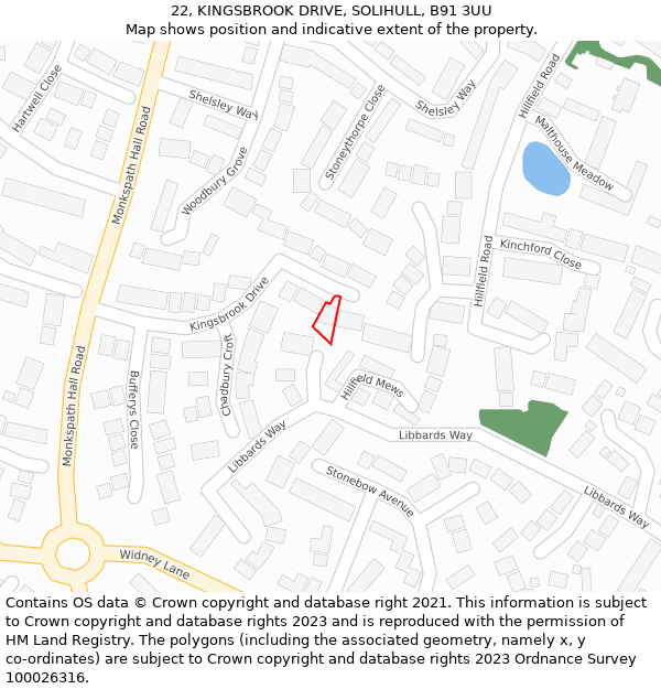 22, KINGSBROOK DRIVE, SOLIHULL, B91 3UU: Location map and indicative extent of plot