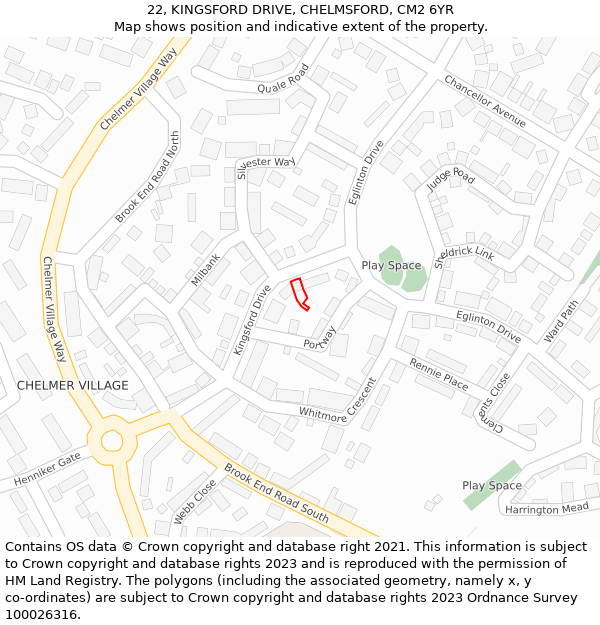 22, KINGSFORD DRIVE, CHELMSFORD, CM2 6YR: Location map and indicative extent of plot