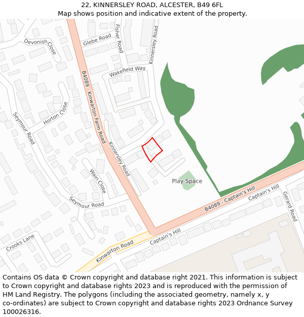 22, KINNERSLEY ROAD, ALCESTER, B49 6FL: Location map and indicative extent of plot