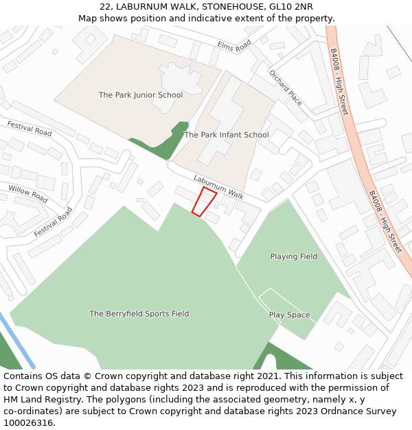 22, LABURNUM WALK, STONEHOUSE, GL10 2NR: Location map and indicative extent of plot