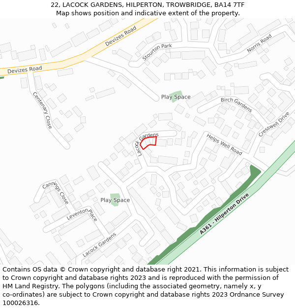 22, LACOCK GARDENS, HILPERTON, TROWBRIDGE, BA14 7TF: Location map and indicative extent of plot