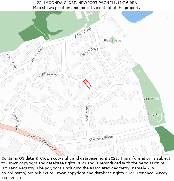 22, LAGONDA CLOSE, NEWPORT PAGNELL, MK16 9BN: Location map and indicative extent of plot