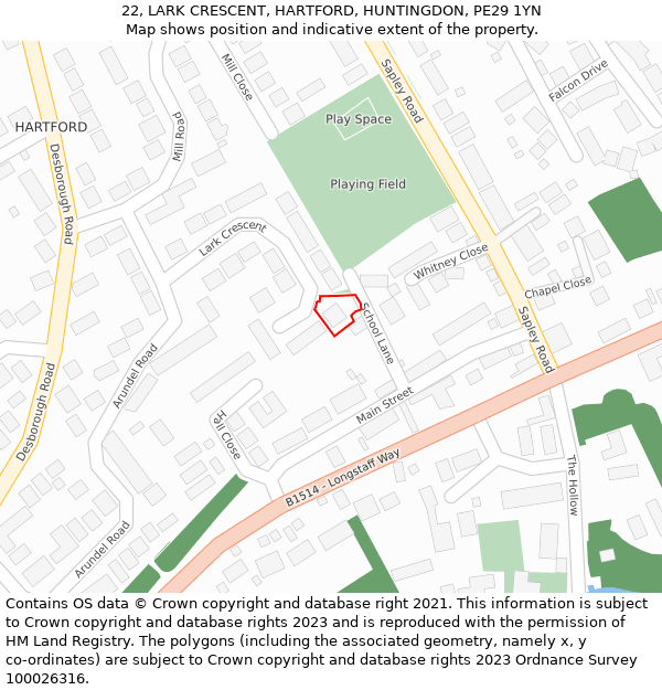22, LARK CRESCENT, HARTFORD, HUNTINGDON, PE29 1YN: Location map and indicative extent of plot
