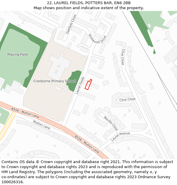 22, LAUREL FIELDS, POTTERS BAR, EN6 2BB: Location map and indicative extent of plot