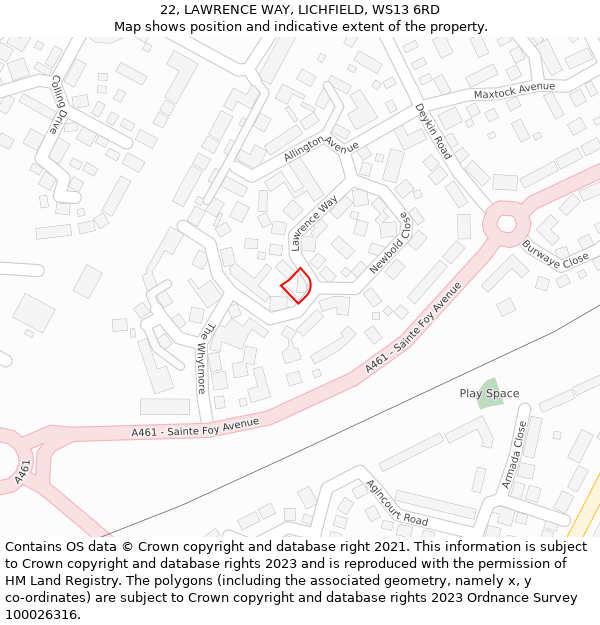 22, LAWRENCE WAY, LICHFIELD, WS13 6RD: Location map and indicative extent of plot