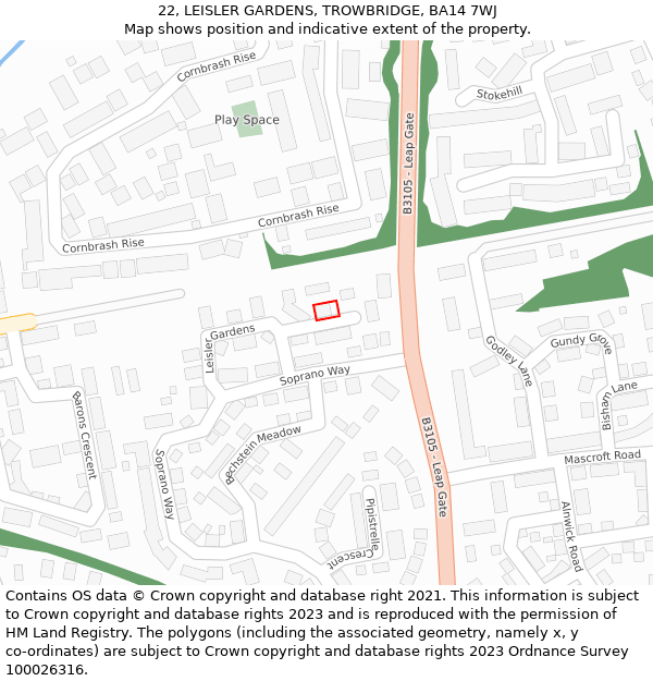 22, LEISLER GARDENS, TROWBRIDGE, BA14 7WJ: Location map and indicative extent of plot