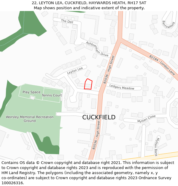 22, LEYTON LEA, CUCKFIELD, HAYWARDS HEATH, RH17 5AT: Location map and indicative extent of plot