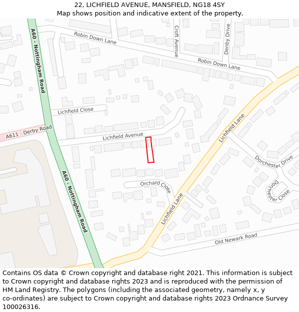 22, LICHFIELD AVENUE, MANSFIELD, NG18 4SY: Location map and indicative extent of plot