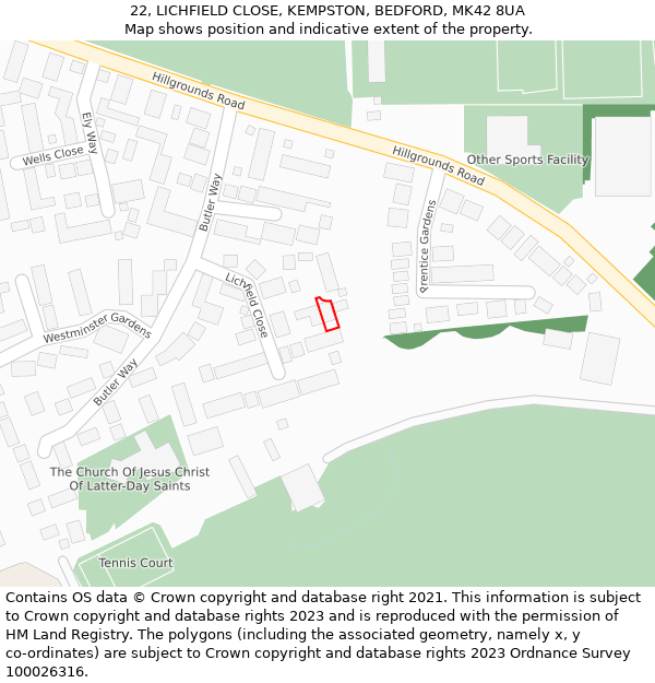 22, LICHFIELD CLOSE, KEMPSTON, BEDFORD, MK42 8UA: Location map and indicative extent of plot