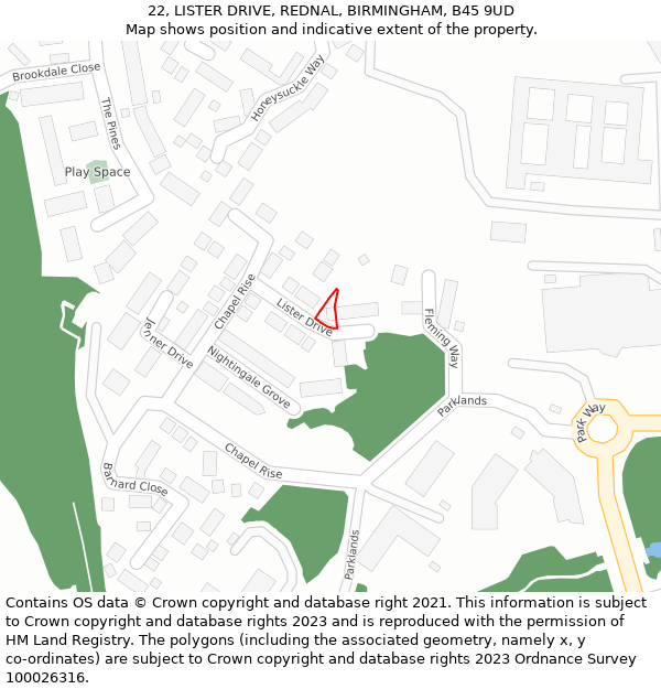 22, LISTER DRIVE, REDNAL, BIRMINGHAM, B45 9UD: Location map and indicative extent of plot