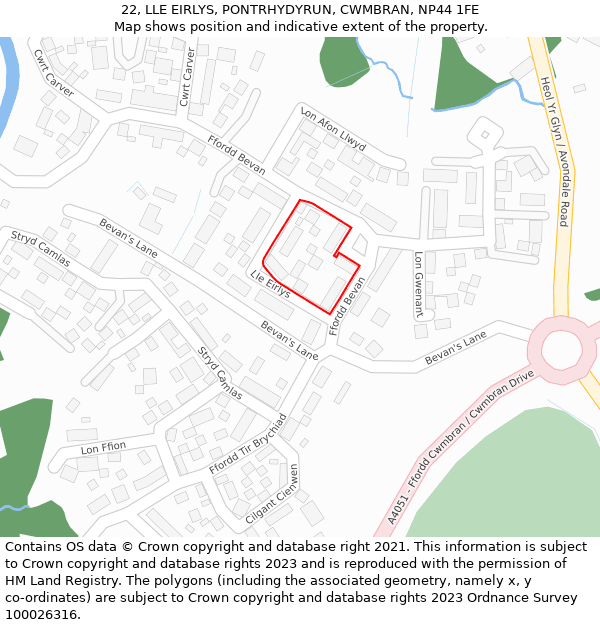 22, LLE EIRLYS, PONTRHYDYRUN, CWMBRAN, NP44 1FE: Location map and indicative extent of plot