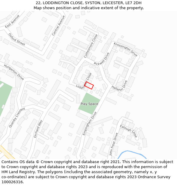 22, LODDINGTON CLOSE, SYSTON, LEICESTER, LE7 2DH: Location map and indicative extent of plot