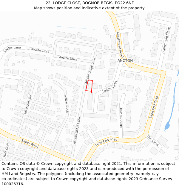 22, LODGE CLOSE, BOGNOR REGIS, PO22 6NF: Location map and indicative extent of plot