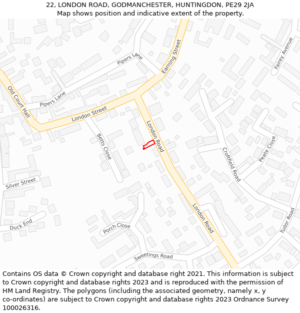 22, LONDON ROAD, GODMANCHESTER, HUNTINGDON, PE29 2JA: Location map and indicative extent of plot
