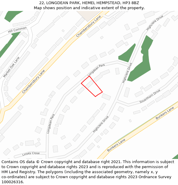 22, LONGDEAN PARK, HEMEL HEMPSTEAD, HP3 8BZ: Location map and indicative extent of plot