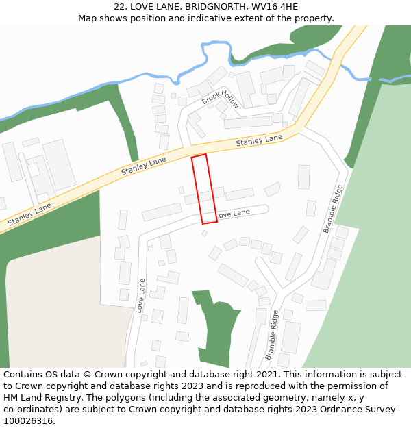 22, LOVE LANE, BRIDGNORTH, WV16 4HE: Location map and indicative extent of plot