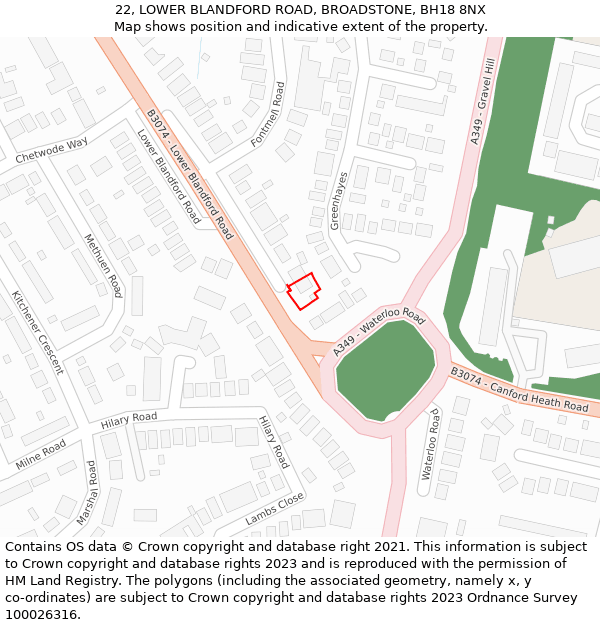 22, LOWER BLANDFORD ROAD, BROADSTONE, BH18 8NX: Location map and indicative extent of plot