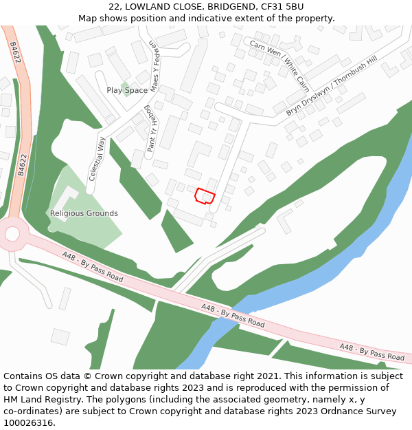 22, LOWLAND CLOSE, BRIDGEND, CF31 5BU: Location map and indicative extent of plot