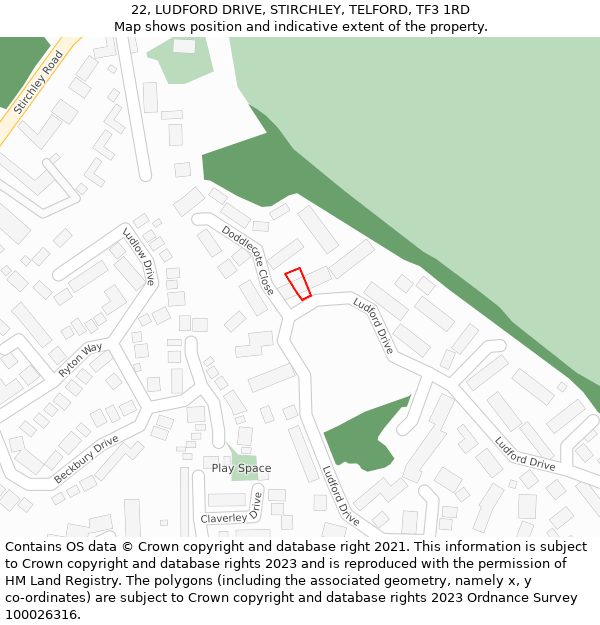 22, LUDFORD DRIVE, STIRCHLEY, TELFORD, TF3 1RD: Location map and indicative extent of plot